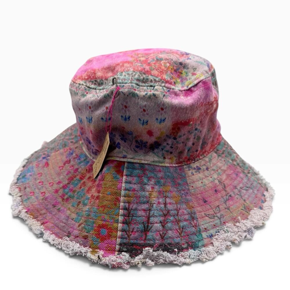 NWT Natural Life Sandy Days Bucket Hat Boho Floral Patchwork Frayed Brim Canvas